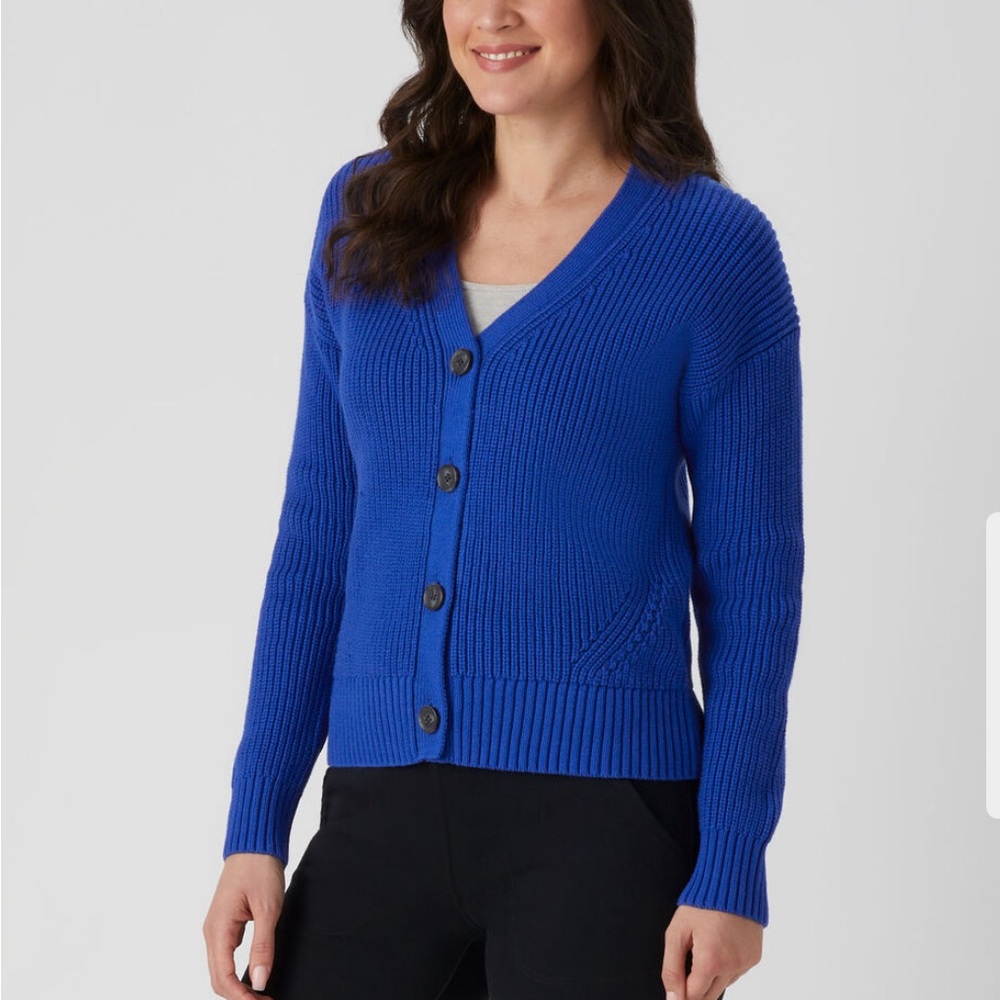 Duluth Trading Co. Heritage Shaker Stitch Cardigan, size L, sapphire, NWOT